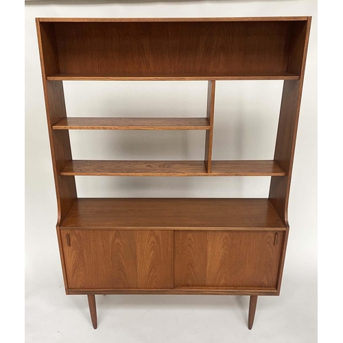 337 - BOOKCASE, 1960s teak with open shelves above two sliding panel doors, 120cm W x 170cm H x 37cm D.