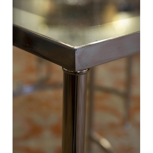 341 - SIDE TABLES, 62cm H x 54cm x 54cm, a pair, chrome with mirror bordered glass tops. (2)