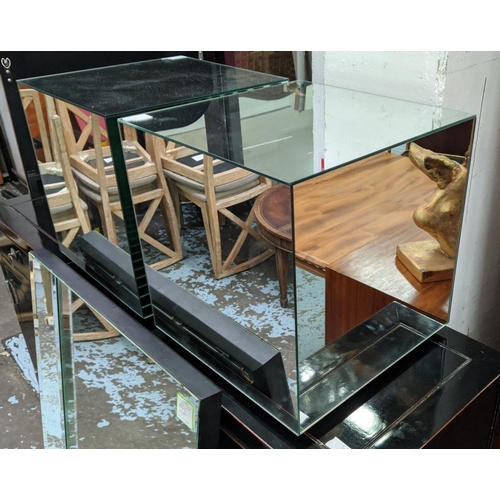 406 - HABITAT MIRRORED CUBE SIDE TABLES, a pair, each 40cm x 40cm x 41cm H and a wall mirror 67cm x 98cm H... 