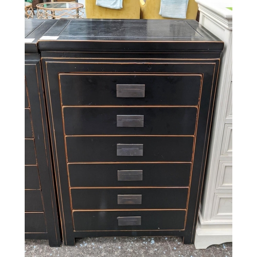 413 - CHINESE SHANXI STYLE CHESTS, a pair, each 55cm x 36cm x 92cm H, ebonised. (2)