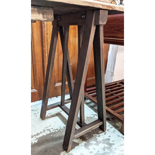 442 - CONSOLE TABLE, 50cm D x 175cm L x 82cm H, distressed wooden top, on two trestle bases.