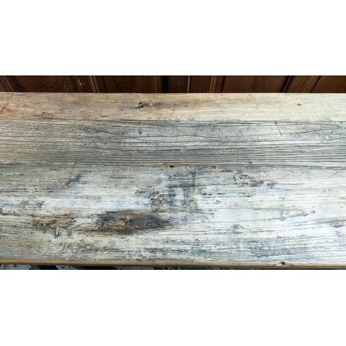 442 - CONSOLE TABLE, 50cm D x 175cm L x 82cm H, distressed wooden top, on two trestle bases.