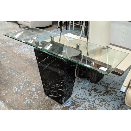 447 - CONSOLE TABLE, 135cm x 46cm x 77cm H, glass, marble base.