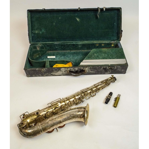 8 - COUESNON MONOPLOE SAXOPHONE SILVER PLATED, with inscription and case.