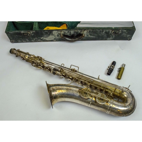 8 - COUESNON MONOPLOE SAXOPHONE SILVER PLATED, with inscription and case.