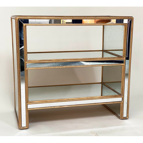 178 - OKA CONSOLE/SHELVES, Versailles mirrored with two shelves and gilt banding, 77cm W x 41cm D.