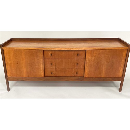 335 - VANSONS SIDE CABINET, 1960s teak with three drawers flanked by cupboards and stile supports, 183cm x... 