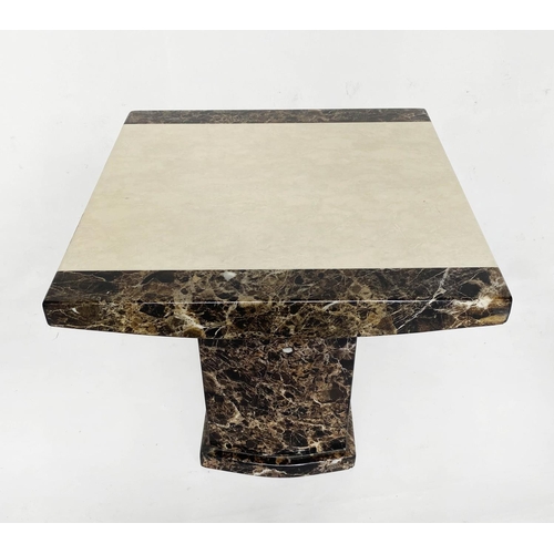 359 - SIDE TABLE, 55cm sq. x 55cm H, travertine marble top with granite and banding, on plinth.