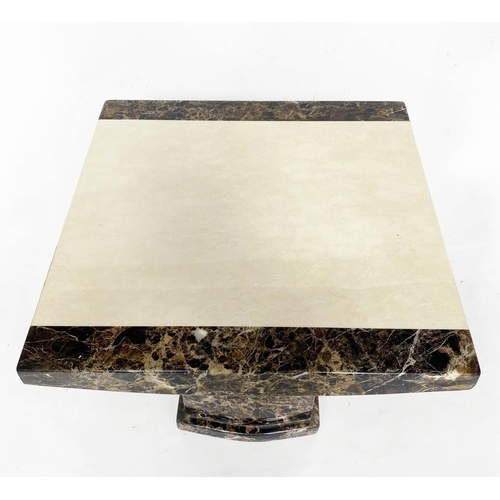 359 - SIDE TABLE, 55cm sq. x 55cm H, travertine marble top with granite and banding, on plinth.