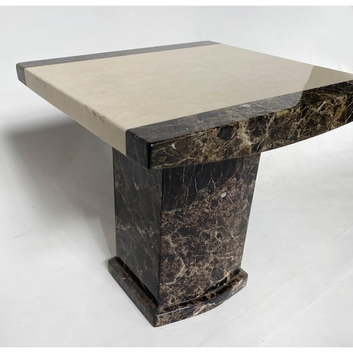 359 - SIDE TABLE, 55cm sq. x 55cm H, travertine marble top with granite and banding, on plinth.