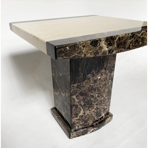 359 - SIDE TABLE, 55cm sq. x 55cm H, travertine marble top with granite and banding, on plinth.