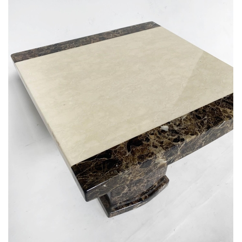 359 - SIDE TABLE, 55cm sq. x 55cm H, travertine marble top with granite and banding, on plinth.