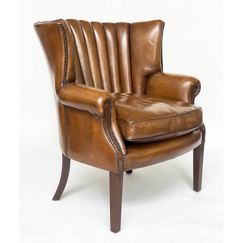 485 - FLEMING AND HOWLAND BARREL-BACK ARMCHAIR, mid brown brass-studded tan hide leather upholstered, with... 