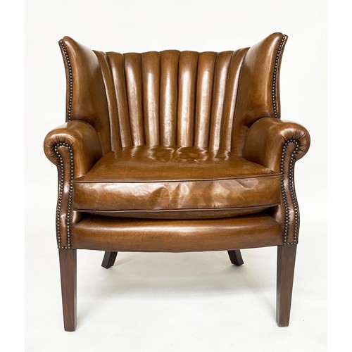 485 - FLEMING AND HOWLAND BARREL-BACK ARMCHAIR, mid brown brass-studded tan hide leather upholstered, with... 