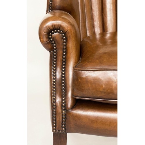 485 - FLEMING AND HOWLAND BARREL-BACK ARMCHAIR, mid brown brass-studded tan hide leather upholstered, with... 