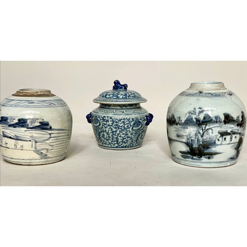 339 - CHINESE JARS, blue and white ceramic a lidded mille fleur jar and two open pastoral scene pots, larg... 