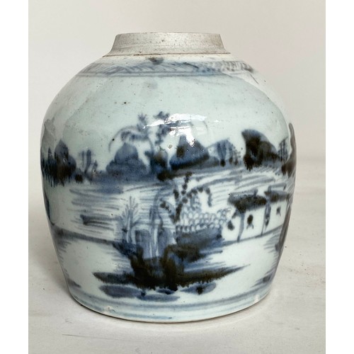 339 - CHINESE JARS, blue and white ceramic a lidded mille fleur jar and two open pastoral scene pots, larg... 