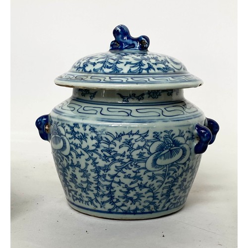 339 - CHINESE JARS, blue and white ceramic a lidded mille fleur jar and two open pastoral scene pots, larg... 