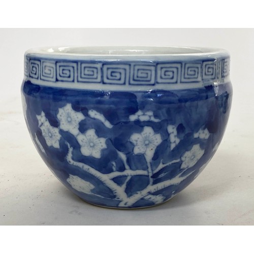 197 - CHINESE POTS, a pair, blue and white jardinière pots, 11cm H with Greek key borders together with fo... 