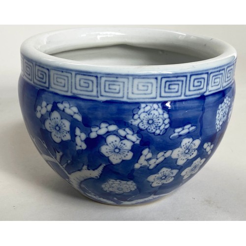 197 - CHINESE POTS, a pair, blue and white jardinière pots, 11cm H with Greek key borders together with fo... 