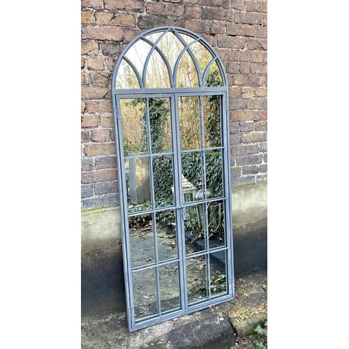 433 - ARCHITECTURAL GARDEN MIRROR, Regency style gated design, metal frame 180cm x 75cm.