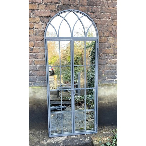 433 - ARCHITECTURAL GARDEN MIRROR, Regency style gated design, metal frame 180cm x 75cm.