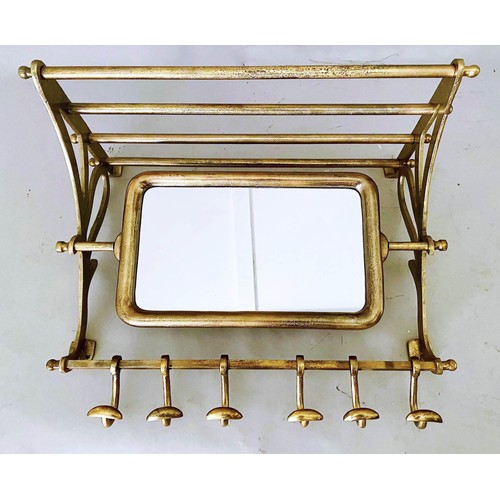 446 - WALL MOUNTING LUGGAGE RACK, with articulating mirror and row of coat hooks to base, gilt metal, 54cm... 