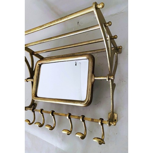 446 - WALL MOUNTING LUGGAGE RACK, with articulating mirror and row of coat hooks to base, gilt metal, 54cm... 