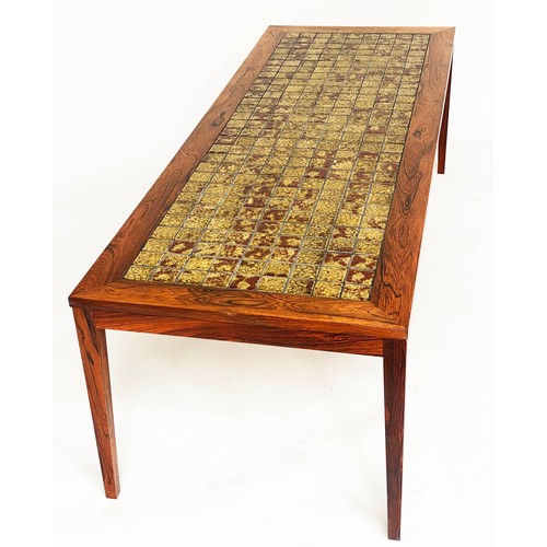 200 - LOW TABLE, 168cm W x 62cm D x 52cm H, early 1970s, top in Biba mottled brown and green tiles, within... 