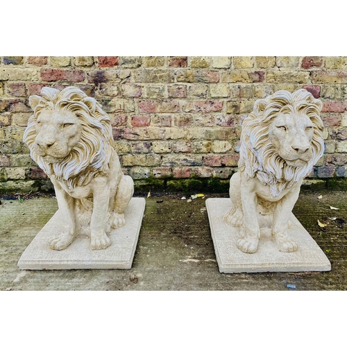 440 - SCULPTURAL LIONS, a pair, composite stone, 67cm H x 42cm W x 54cm D. (2)