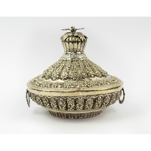 1 - OTTOMAN SILVER REPOUSSE JEWELLERY BOX, 19th century, tureen form with rosette decoration and a bulbo... 
