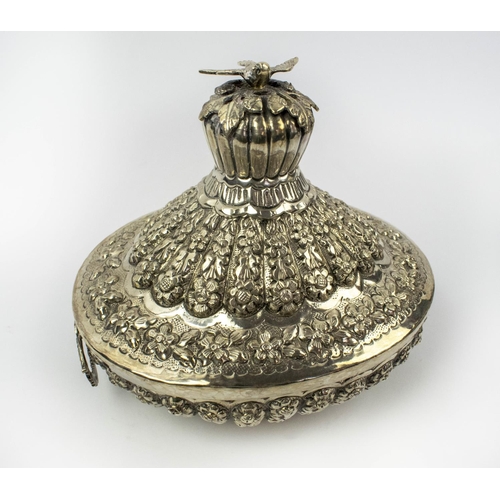 1 - OTTOMAN SILVER REPOUSSE JEWELLERY BOX, 19th century, tureen form with rosette decoration and a bulbo... 