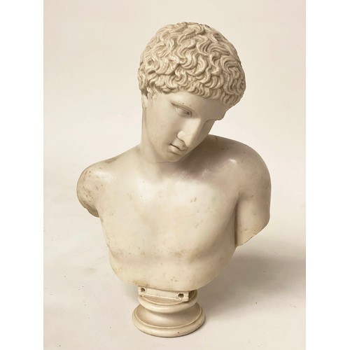 66 - MARBLE BUST, white marble of a young man on circular plinth, 43cm H.