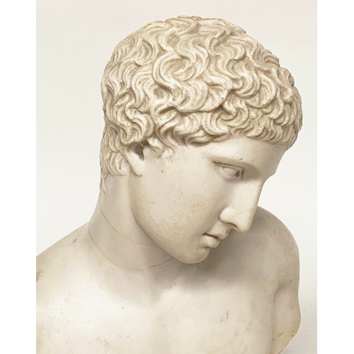 66 - MARBLE BUST, white marble of a young man on circular plinth, 43cm H.
