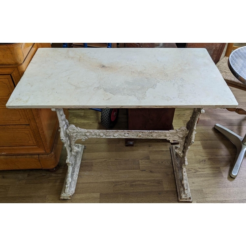 287 - ORANGERY TABLE, 76cm H x 91cm W x 50cm D, Victorian cast iron with marble top.