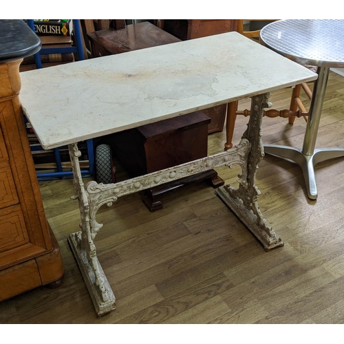 287 - ORANGERY TABLE, 76cm H x 91cm W x 50cm D, Victorian cast iron with marble top.