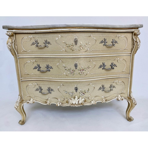 281 - ITALIAN COMMODE, 18th century style hand painted of serpentine outline with Carrara marble top and t... 