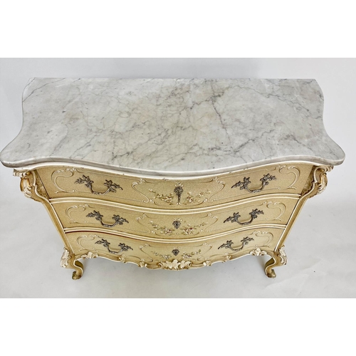 281 - ITALIAN COMMODE, 18th century style hand painted of serpentine outline with Carrara marble top and t... 