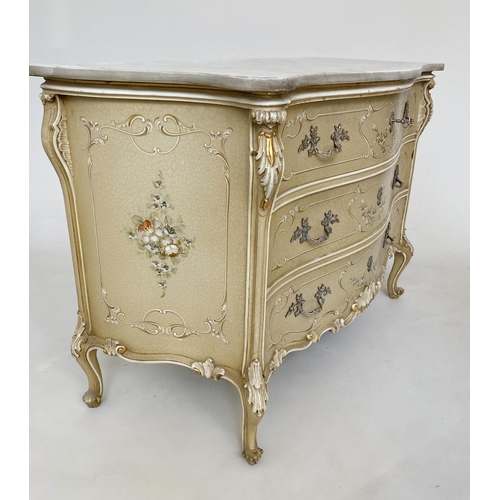 281 - ITALIAN COMMODE, 18th century style hand painted of serpentine outline with Carrara marble top and t... 