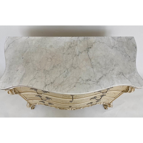 281 - ITALIAN COMMODE, 18th century style hand painted of serpentine outline with Carrara marble top and t... 