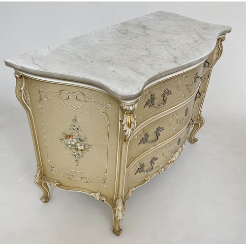 281 - ITALIAN COMMODE, 18th century style hand painted of serpentine outline with Carrara marble top and t... 