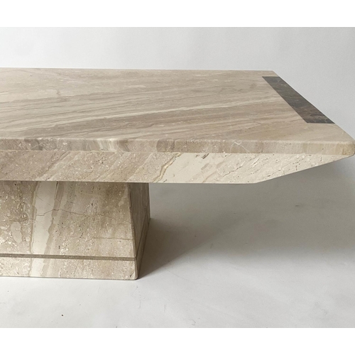 282 - TRAVERTINE LOW TABLE, 1970s rectangular marble on plinth base with contrast detail, 40cm H x 125cm W... 