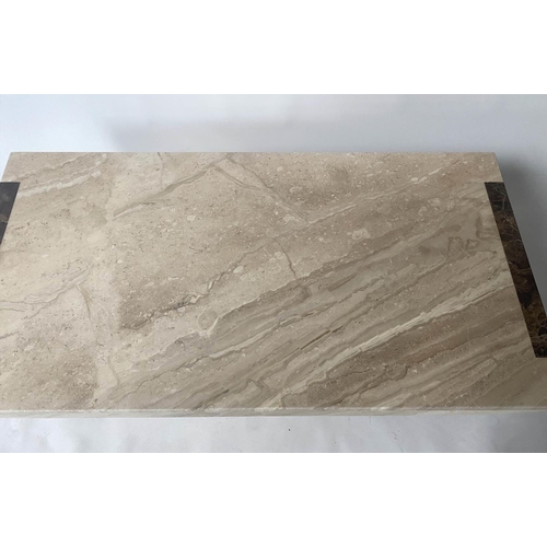 282 - TRAVERTINE LOW TABLE, 1970s rectangular marble on plinth base with contrast detail, 40cm H x 125cm W... 