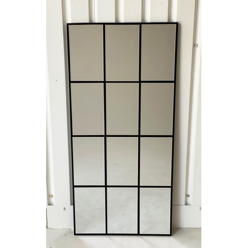 289 - ARCHITECTURAL WALL MIRROR, 150cm x 70cm, twelve paned bevelled mirrors in black frame.