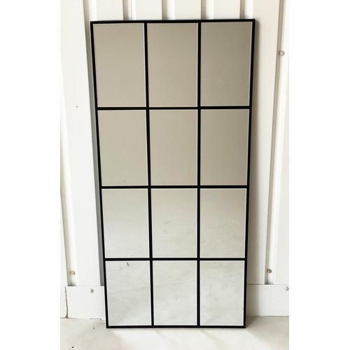 289 - ARCHITECTURAL WALL MIRROR, 150cm x 70cm, twelve paned bevelled mirrors in black frame.