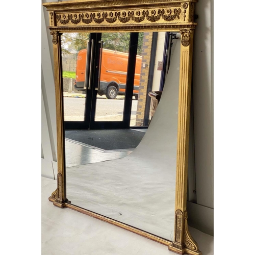 291 - OVERMANTEL MIRROR, 19th century Neoclassical giltwood and gesso with swag frieze and fluted columns,... 