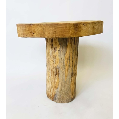 293 - CONSOLE/OCCASIONAL TABLE, rustic random oak tree section raised upon trunk pedestal, 77cm x 55cm D x... 