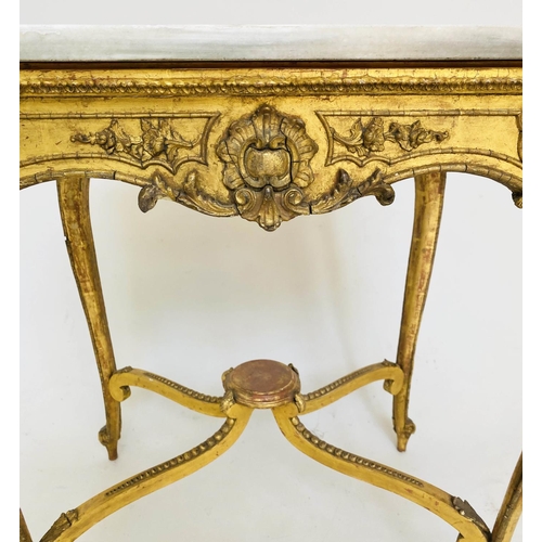 298 - CENTRE TABLE, 19th century Italian, giltwood and gesso, with shell and C scroll decoration, marble t... 