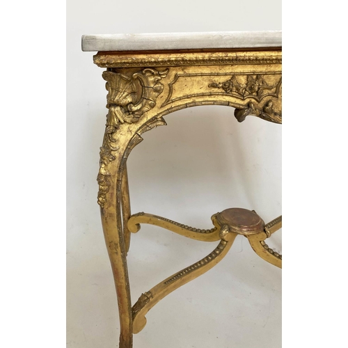 298 - CENTRE TABLE, 19th century Italian, giltwood and gesso, with shell and C scroll decoration, marble t... 