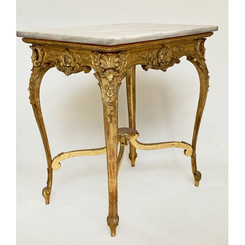 298 - CENTRE TABLE, 19th century Italian, giltwood and gesso, with shell and C scroll decoration, marble t... 